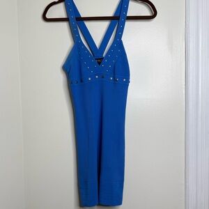 Vintage 90s Y2K Blac Label Blue Bodycon Ribbed Dress Size Large Studded V Neck